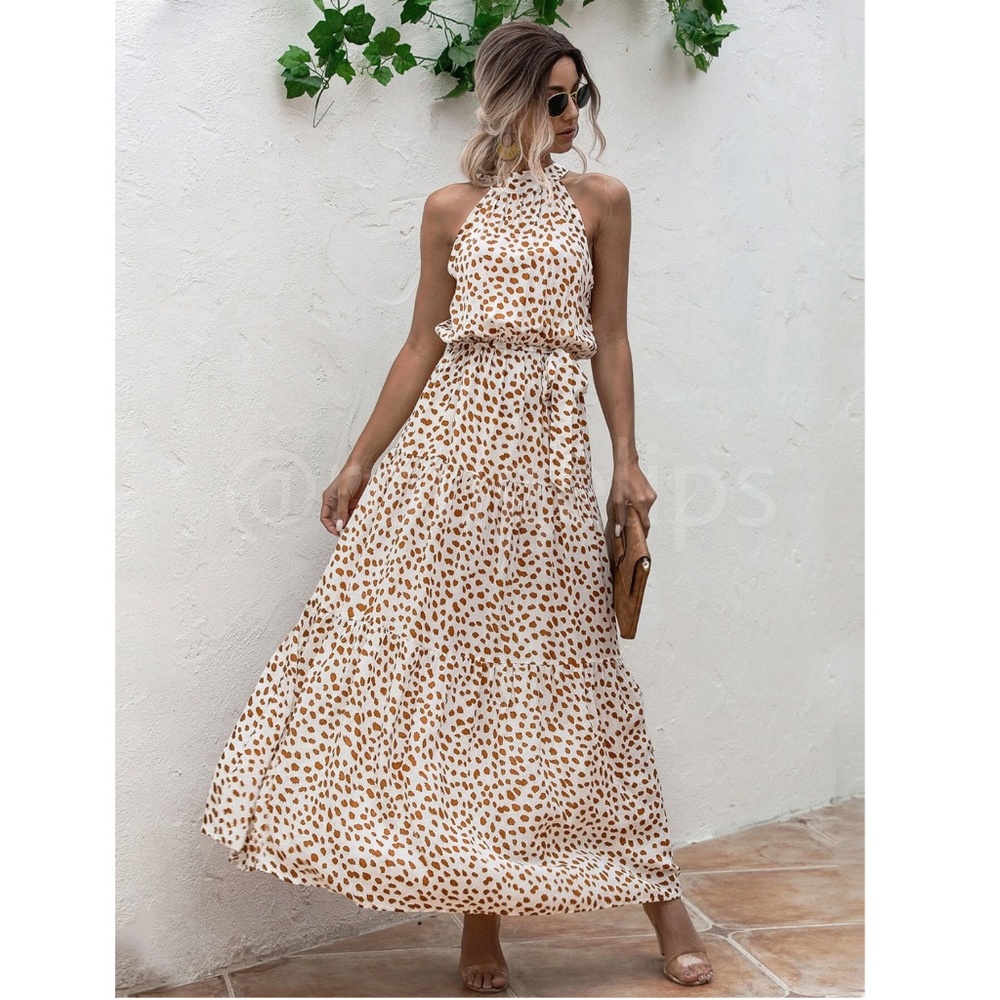 Spotted Print Maxi Dress Tie Belt High Neck - Picture 3 of 10